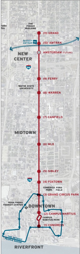 A 3.3 mile LRT, to be completed in 2015, will connect visitors and residents on Woodward Avenue • illustration courtesy M-1 Rail